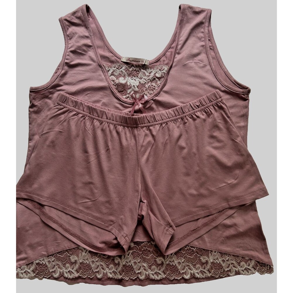 Womens S/M Dusty Pink Viscose Knit Elegant Pajamas Set Lace Trim Tank Shorts 2Pc